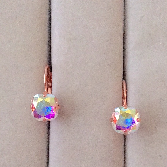 Aurora Borealis + Rose Gold Cushion Cut Crystal Drop Earrings - Picture 3 of 12